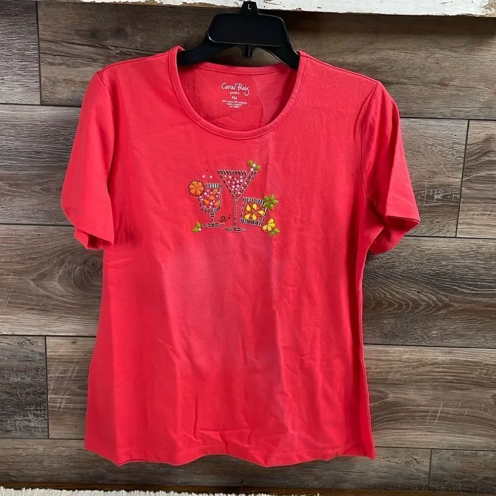 Coral Bay Petite Ladies Top, Size Petite Medium, Beaded Cocktails Design,Orange